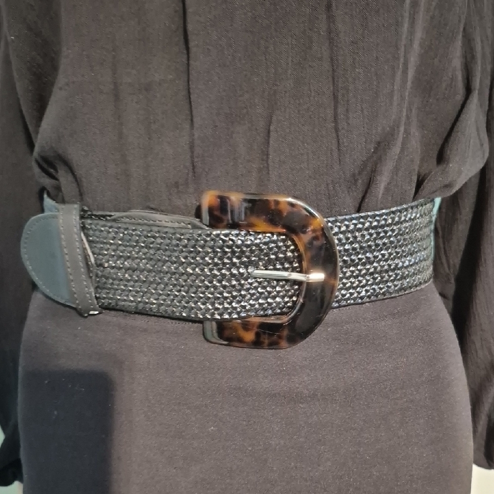 BCBGMaxAzria Black Woven Belt with Tortoiseshell Buckle